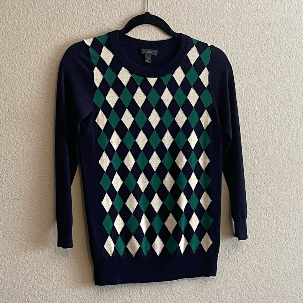 J. Crew Navy Argyle Sweater with Green and White Accents